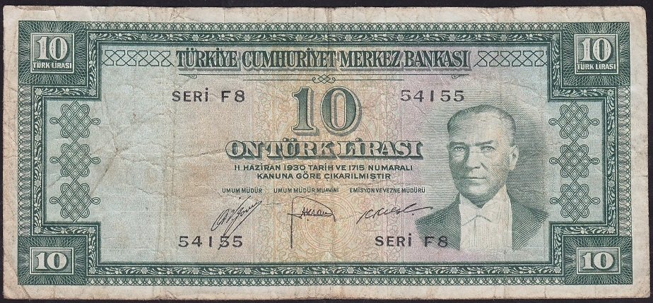 5.Emisyon 1.Tertip 10 Lira F8 54155 Çok Temiz