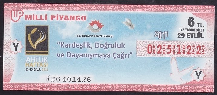 2011 29 EYLÜL YARIM BİLET -  Y SERİSİ eski para