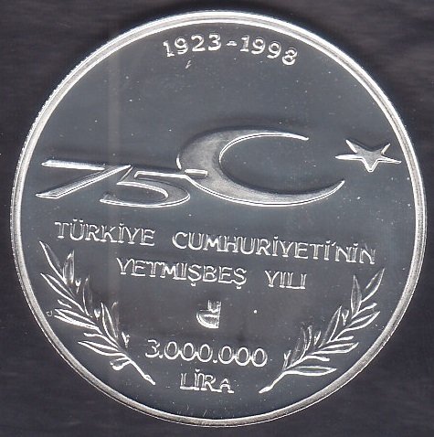 1998 YILI 3 MİLYON LİRA CUMHURİYET VE GENÇLİK 75.YIL GÜMÜŞ ÇİL