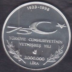 1998 YILI 3 MİLYON LİRA CUMHURİYET VE GENÇLİK 75.YIL GÜMÜŞ ÇİL