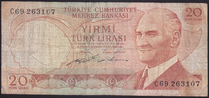 6.EMİSYON 2.TERTİP 20 LİRA C69 263107 TEMİZ