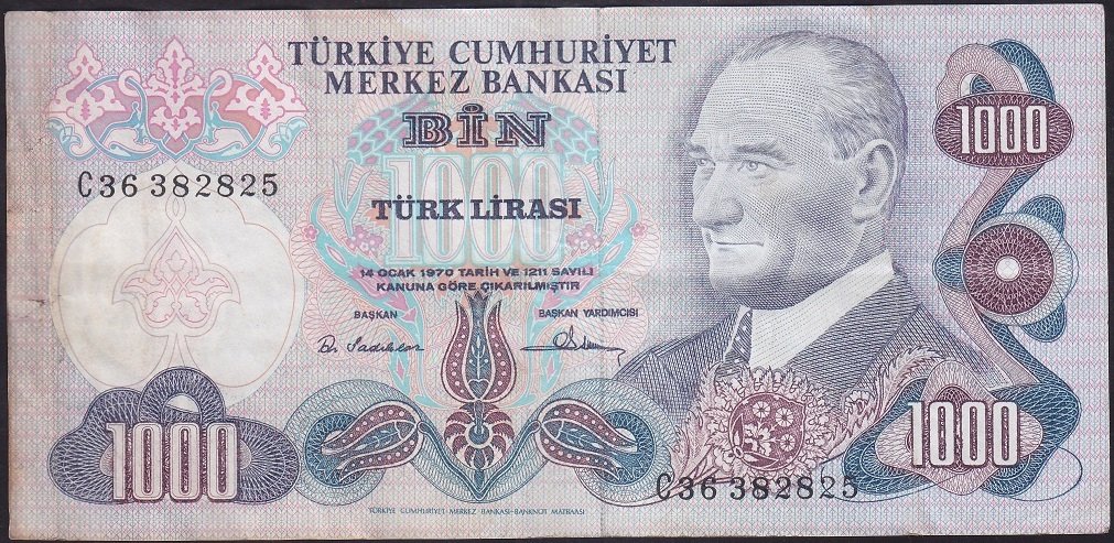 6.EMİSYON 1.TERTİP 1000 LİRA C36 382825 ÇOK TEMİZ +