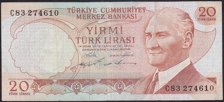 6.EMİSYON 2.TERTİP 20 LİRA C83 274610 ÇOK TEMİZ eski para mezat