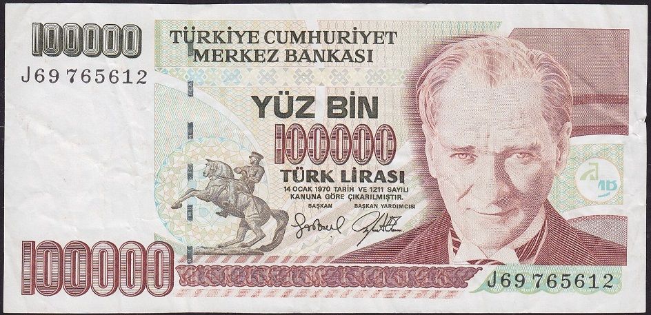 7.Emisyon 3.Tertip 100000 Lira J69 765612 Çok Temiz