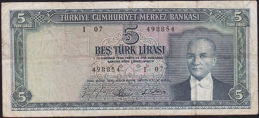 5.Emisyon 4.Tertip 5 Lira I07 498854 Çok Temiz
