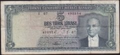 5.Emisyon 4.Tertip 5 Lira I07 498854 Çok Temiz