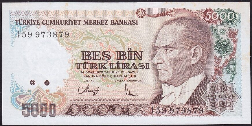 7.Emisyon 4.Tertip 5000 Lira I59 973879 Çilaltı ( Kat yok hafif sararma var)