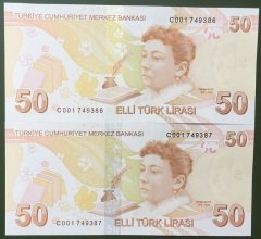 9.EMİSYON 50 LİRA 3.TERTİP C001 749386 - 387 SERİ TAKİPLİ 2 ADET ÇİL eski para