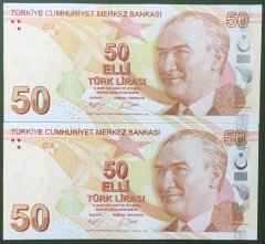 9.EMİSYON 50 LİRA 3.TERTİP C001 749386 - 387 SERİ TAKİPLİ 2 ADET ÇİL eski para