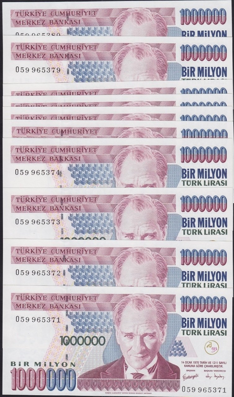 7.EMİSYON 3.TERTİP 1 000 000 LİRA O59 965371-O59 965380 ÇİL SERİ TAKİPLİ (10 ADET)