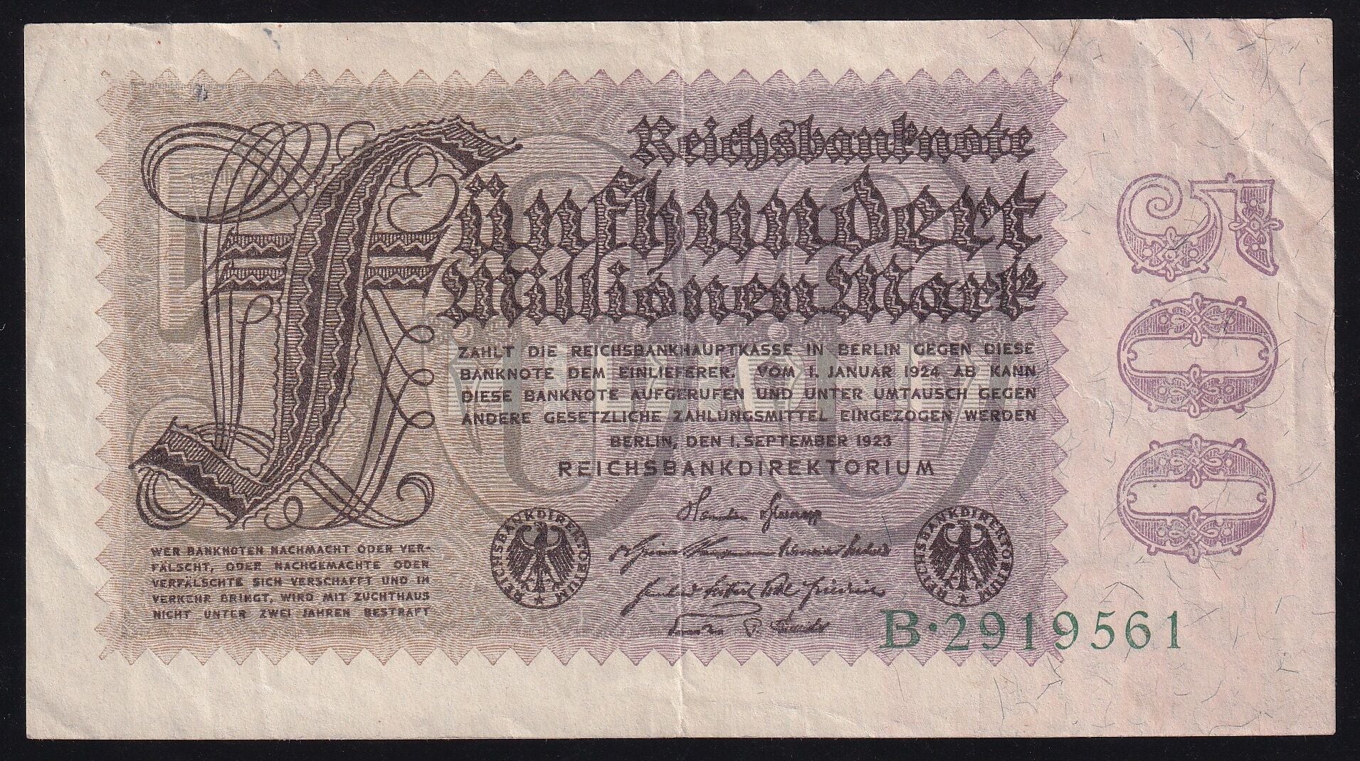 Almanya 500 Milyon Mark 1923  Çok Temiz+ 7 Rakam