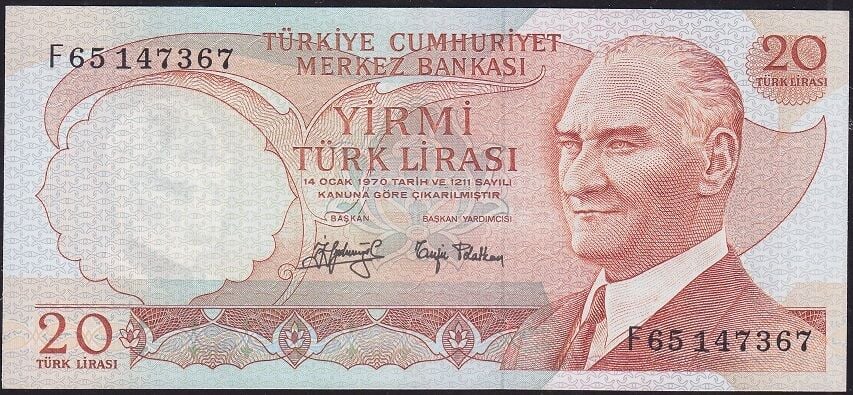 6.Emisyon 3.Tertip 20 Lira F65 147367 Çilaltı