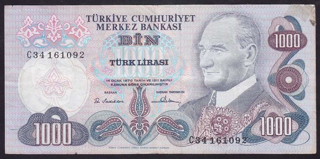 6.EMİSYON 1.TERTİP 1000 LİRA C34 161092 TEMİZ