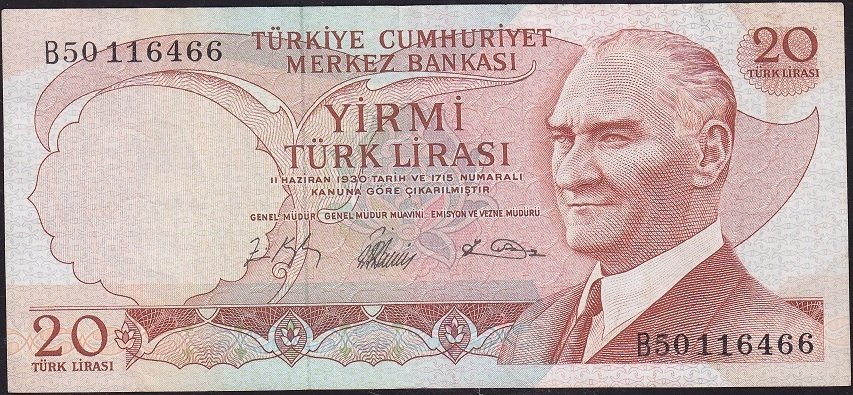6.Emisyon 1.Tertip 20 Lira B50 116466 Çok Temiz+