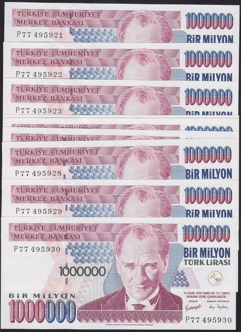 7.EMİSYON 3.TERTİP 1 000 000 LİRA P77 495921-P77 495930 ÇİL SERİ TAKİPLİ (10 ADET)