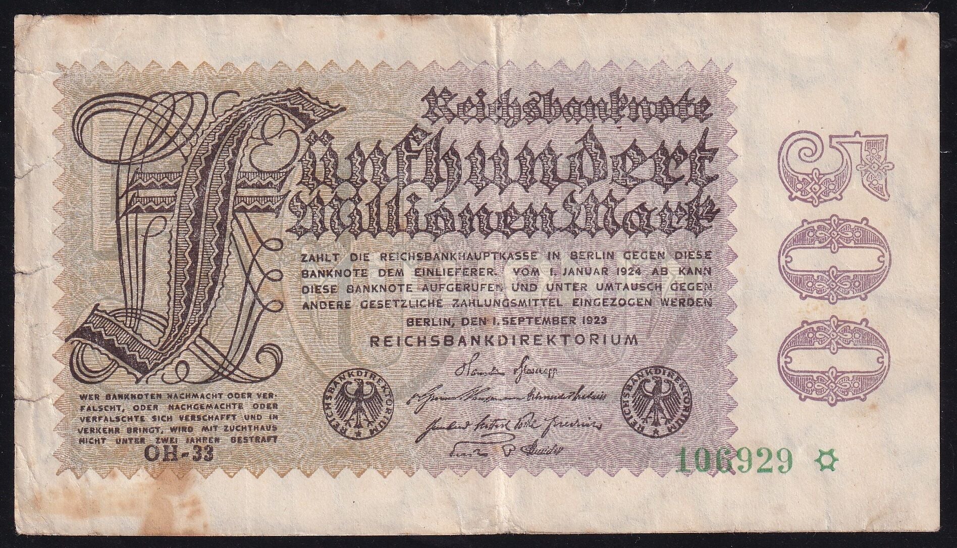 Almanya 500 Milyon Mark 1923 Temiz+ 6 Rakam