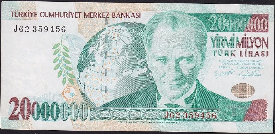 7.Emisyon 20 000 000 Lira J62 359456 Çok Temiz+