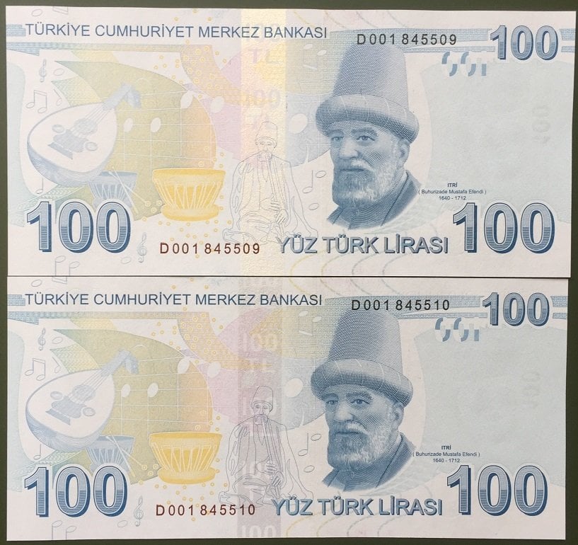 9.EMİSYON 100 LİRA 3.TERTİP D001 845509 - 510  SERİ TAKİPLİ 2 ADET ÇİL