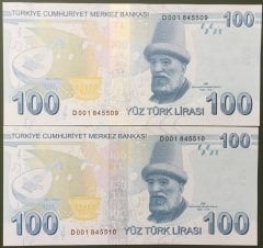 9.EMİSYON 100 LİRA 3.TERTİP D001 845509 - 510  SERİ TAKİPLİ 2 ADET ÇİL