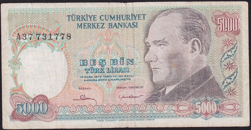 7.Emisyon 1.Tertip 5000 Lira A37 731778 Çok Temiz