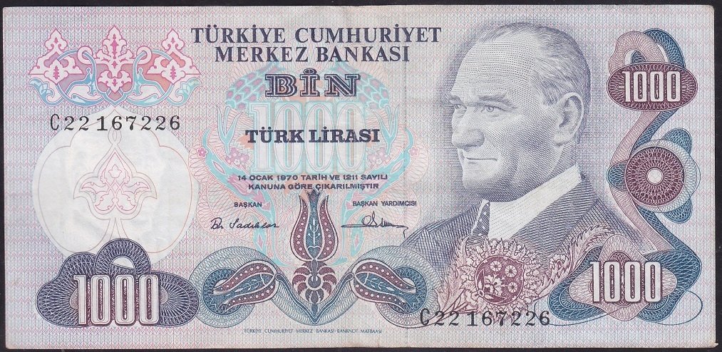 6.EMİSYON 1.TERTİP 1000 LİRA C22 167226 ÇOK TEMİZ +
