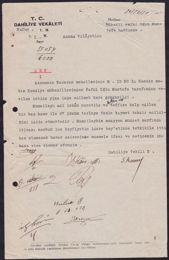 ADANA VİLAYETİ - DAHİLİYE VEKALETİ 1931