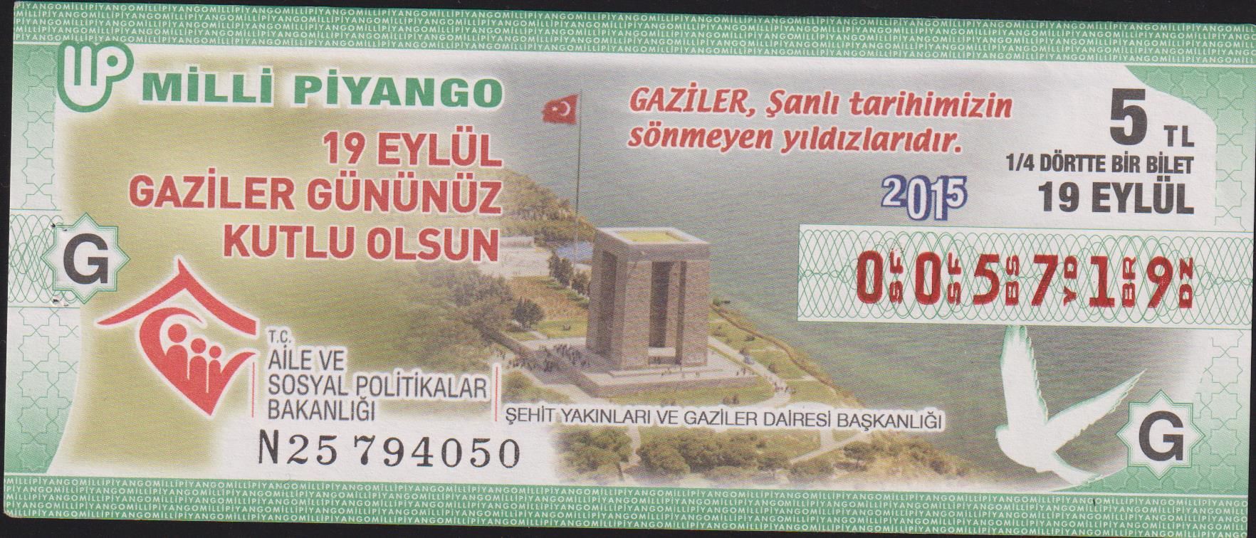 2015 19 Eylül Çeyrek Bilet - G Serisi