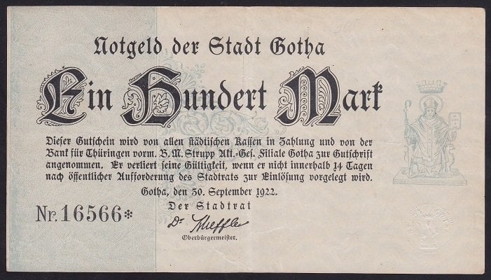 ALMANYA 100 MARK 1922 ÇOK ÇOK TEMİZ + (   NOTGELD GOTHA )