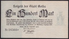 ALMANYA 100 MARK 1922 ÇOK ÇOK TEMİZ + (   NOTGELD GOTHA )