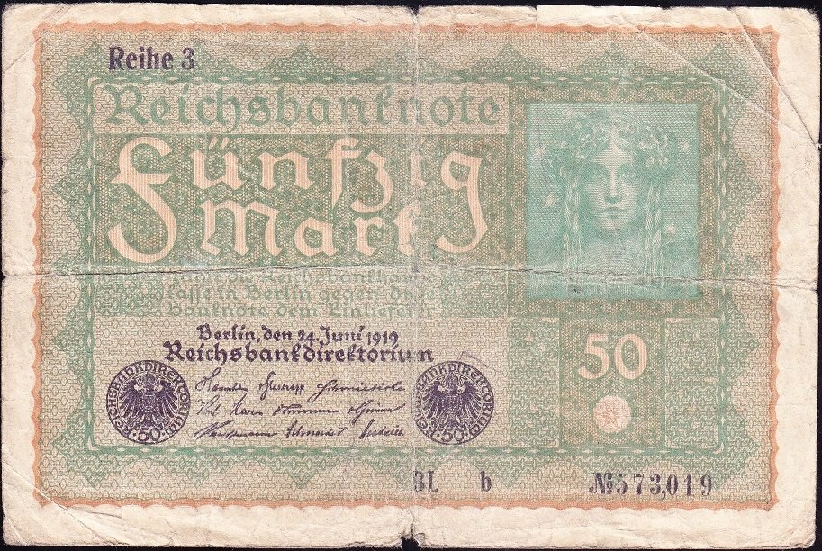 Almanya 50 Mark 1919 Temiz ( R62c ) Reich 3 Matbaa Büxenstein Berlin