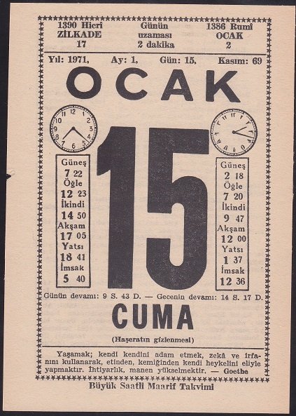 15 OCAK 1971 TARİHLİ TAKVİM YAPRAĞI