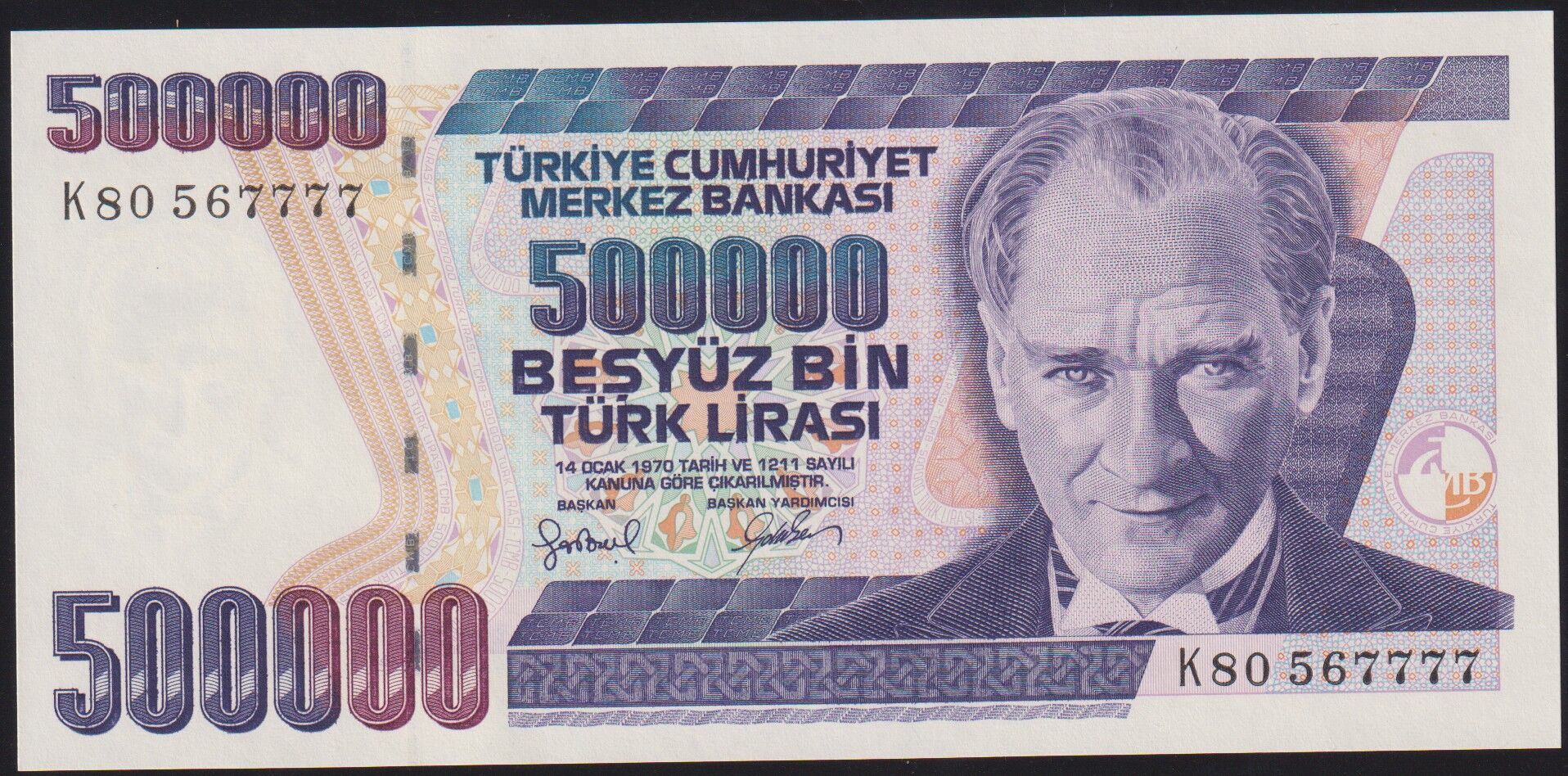 7.Emisyon 4.Tertip 500.000 Lira K80 567777 Çil