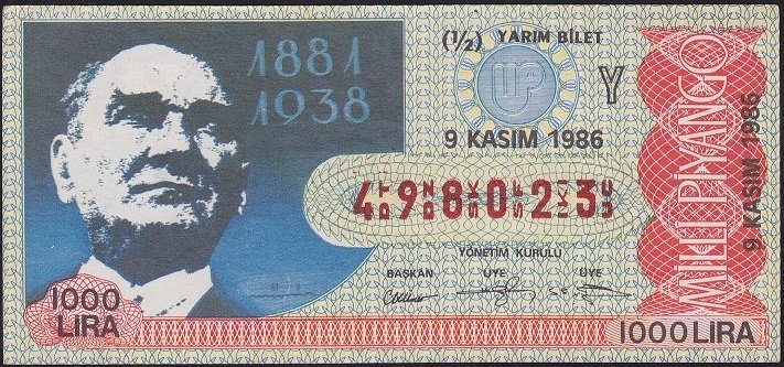 1986 9 Kasım Yarım Bilet - Y Serisi