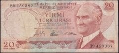 6.EMİSYON 1.TERTİP 20 LİRA B9 459387 TEMİZ +