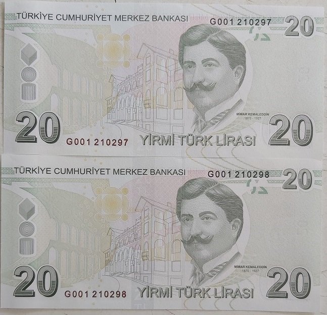 9.Emisyon 6.Tertip 20 Lira G001 210297 - 210298 Seri Takipli Çil