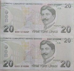 9.Emisyon 6.Tertip 20 Lira G001 210297 - 210298 Seri Takipli Çil