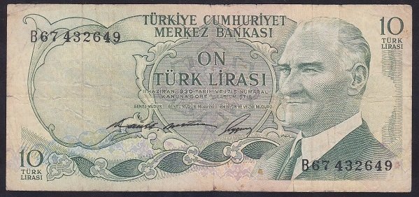 6.EMİSYON 1.TERTİP 10 LİRA B67 432649 TEMİZ