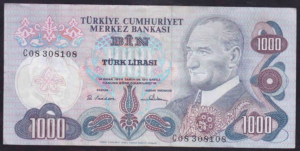 6.EMİSYON 1.TERTİP 1000 LİRA C08 308108 ÇOK TEMİZ +