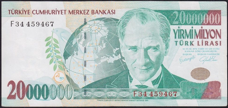 7.Emisyon 20 000 000 Lira F34 459467 Çok Temiz+