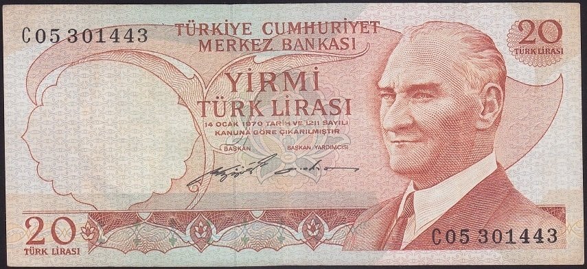 6.EMİSYON 2.TERTİP 20 LİRA C05 301443 ÇOK TEMİZ + eski kağıt para fiyatları