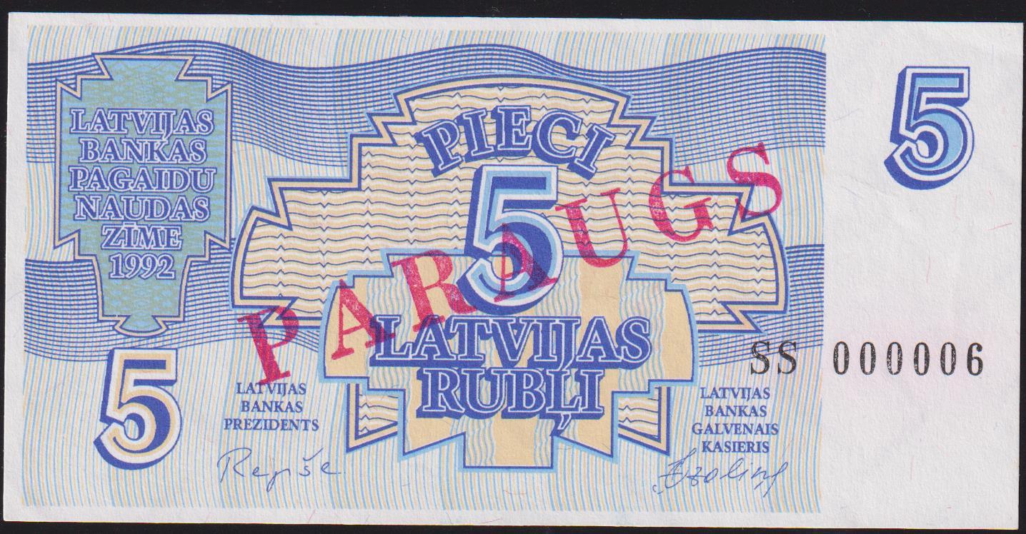 Letonya 5 Ruble 1992 Çilaltı Specimen