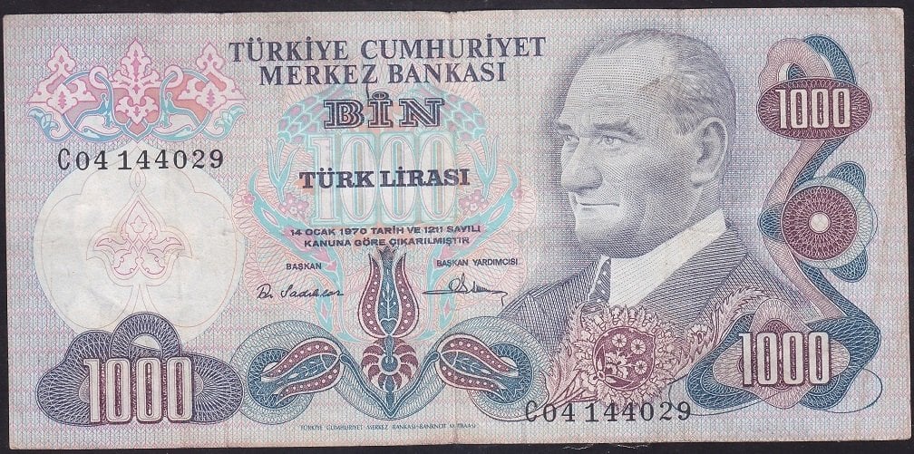 6.EMİSYON 1.TERTİP 1000 LİRA C04 144029 ÇOK TEMİZ  eski kağıt para fiyatları