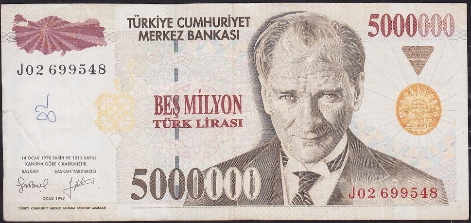 7.Emisyon 5 000 000 Lira J02 699548 Çok Temiz+