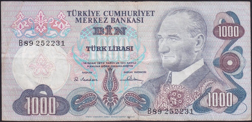 6.EMİSYON 1.TERTİP 1000 LİRA B89 252231 ÇOK TEMİZ +