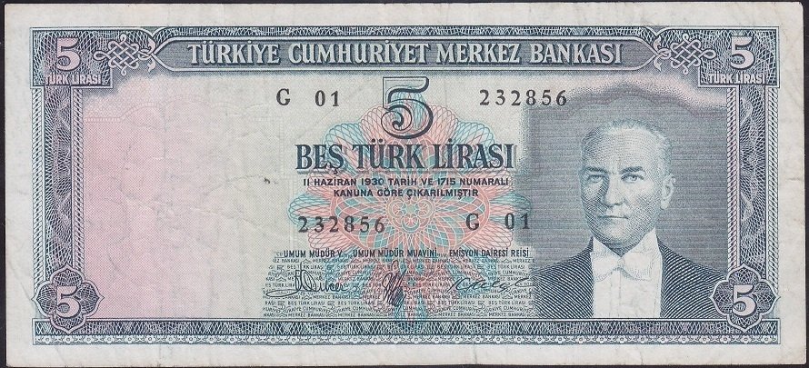 5.EMİSYON 3.TERTİP 5 LİRA G01 232856 ÇOK TEMİZ ( DÜZLEME VAR )