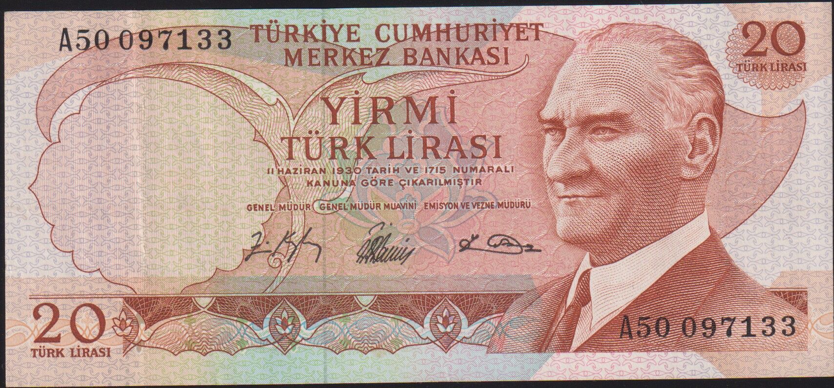 6.Emisyon 1.Tertip 20 Lira A50 097133 Çok Temiz+ (Son Numara)