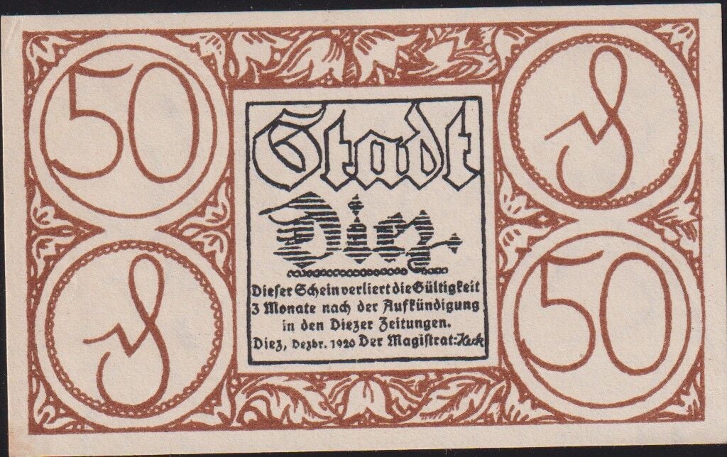 Almanya 50 Pfennig Notgeld 1921 Çilaltı Çil Filigranlı