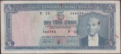 5.EMİSYON 3.TERTİP 5 LİRA F22 344398 ÇOK TEMİZ ( DÜZLEME VAR )