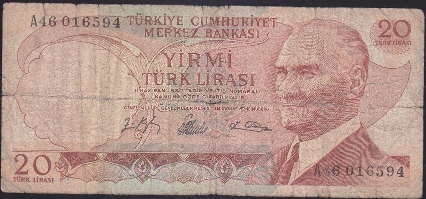 6.EMİSYON 1.TERTİP 20 LİRA A46 016594 İYİ