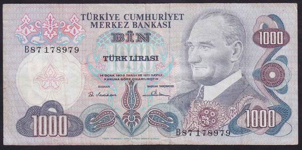 6.EMİSYON 1.TERTİP 1000 LİRA B87 178979 ÇOK TEMİZ